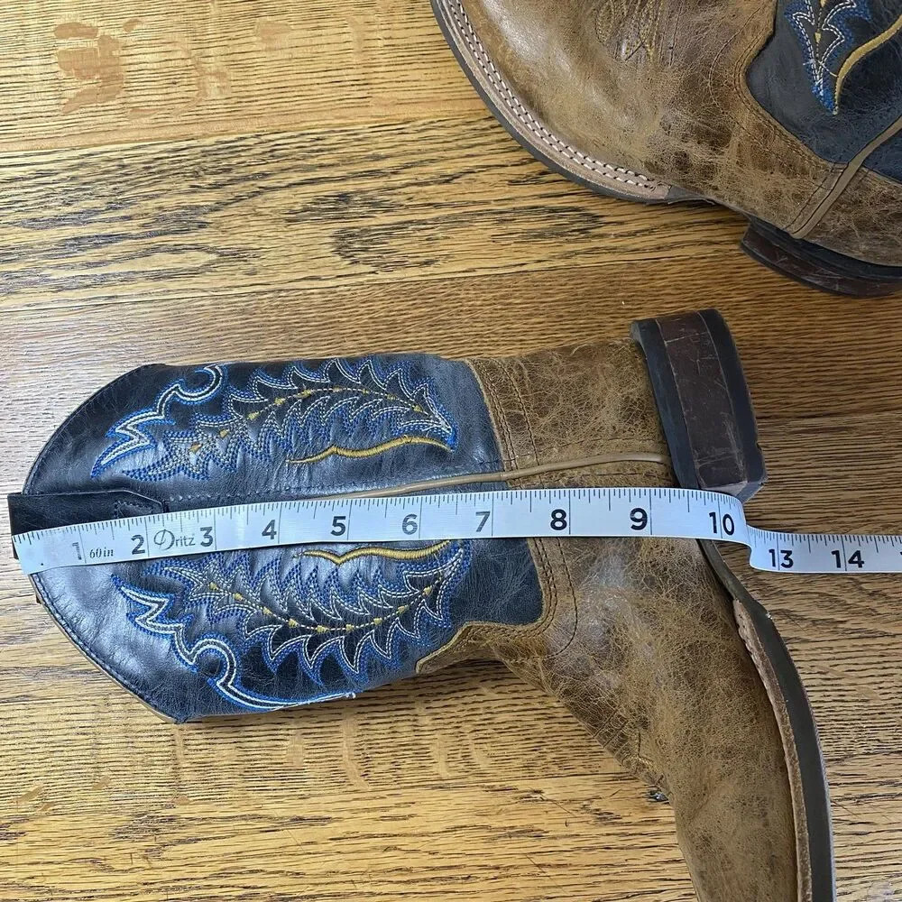 Old West Boys Square Toe Leather Cowboy Boots Sz 1.0 D Brown/Blue Pull On